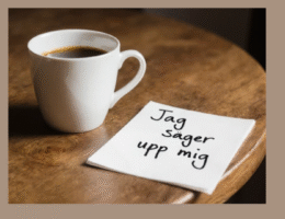 En kopp kaffe står på ett bord bredvid ett anteckningsblock. På blocket står orden: ”Jag säger upp mig”