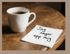 En kopp kaffe står på ett bord bredvid ett anteckningsblock. På blocket står orden: ”Jag säger upp mig”