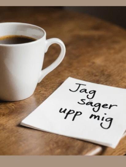 En kopp kaffe står på ett bord bredvid ett anteckningsblock. På blocket står orden: ”Jag säger upp mig”