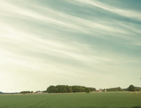 Landskap stor dimmig himmel. Ängfält.