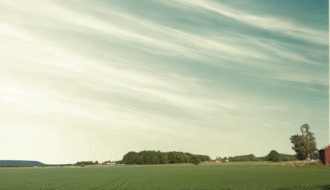 Landskap stor dimmig himmel. Ängfält.