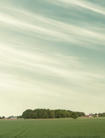 Landskap stor dimmig himmel. Ängfält.