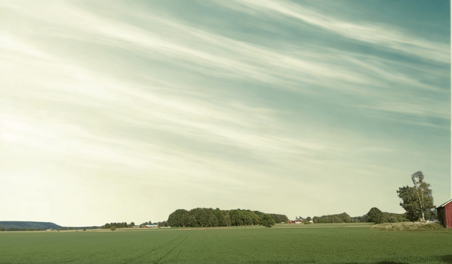 Landskap stor dimmig himmel. Ängfält.
